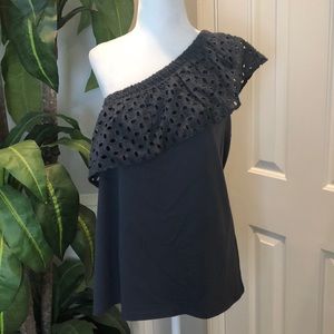 LOFT One Shoulder Eyelet Ruffle Top